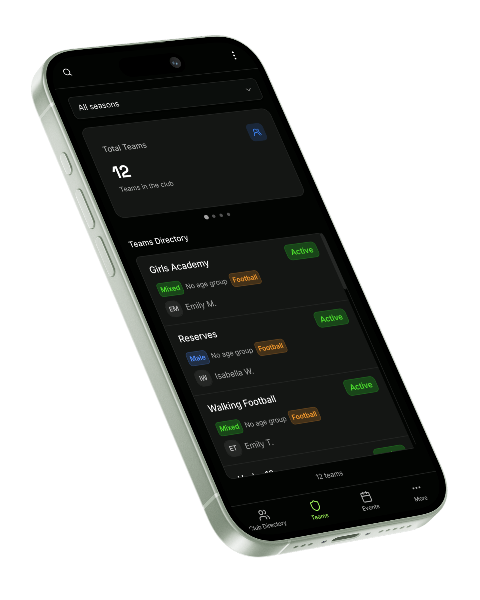 Clubmate teams directory on iPhone