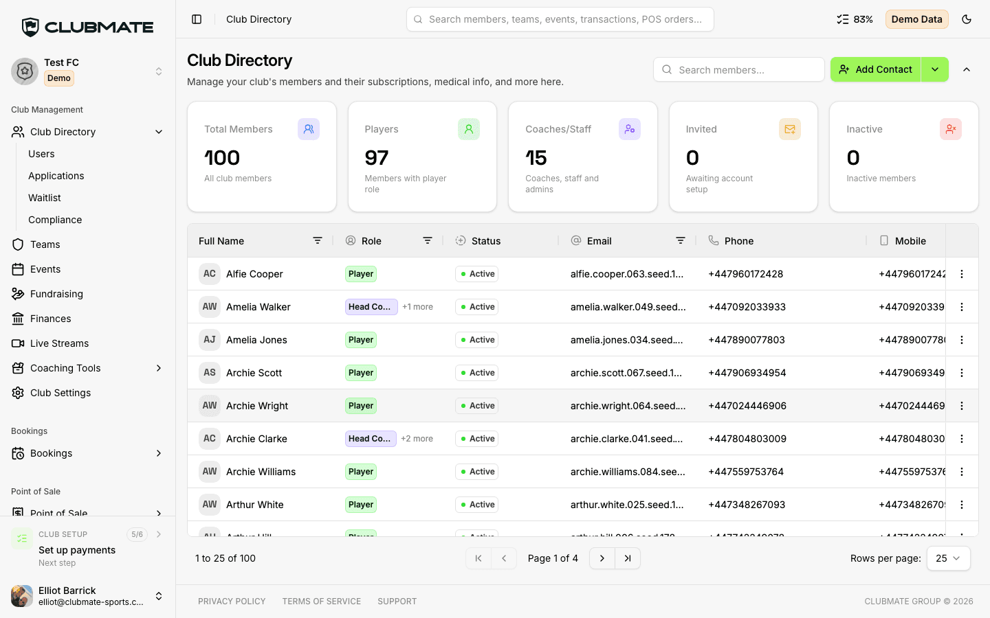 Clubmate Club Directory with member list, roles, and search