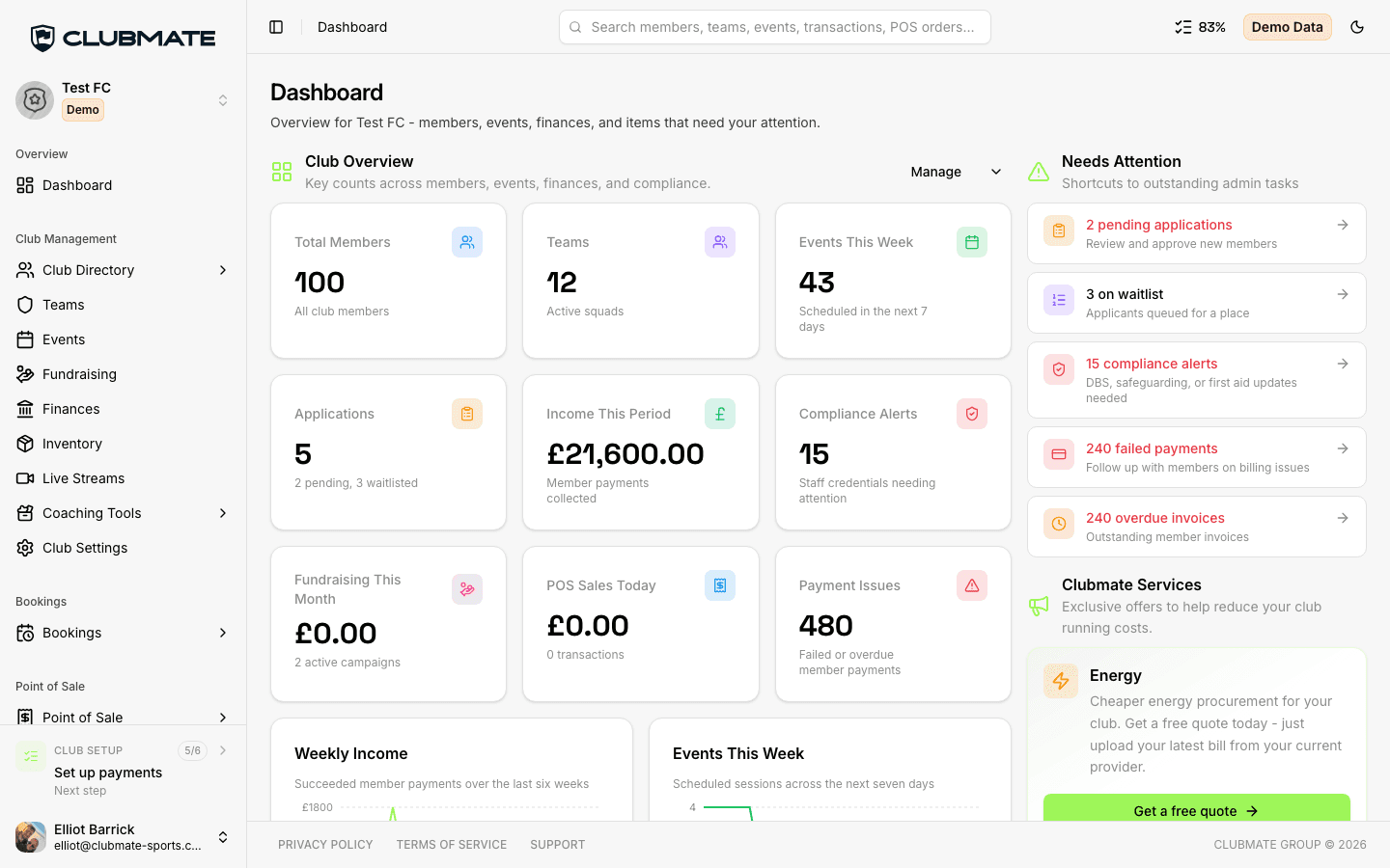 Clubmate dashboard with club overview stats and sidebar navigation