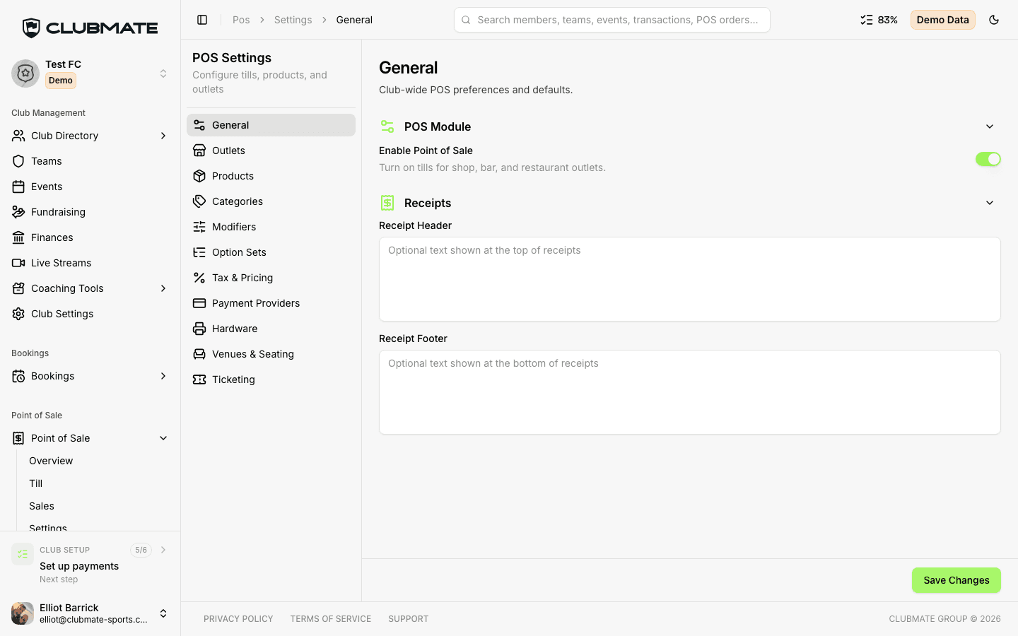 POS General settings with Enable Point of Sale toggle and receipt fields