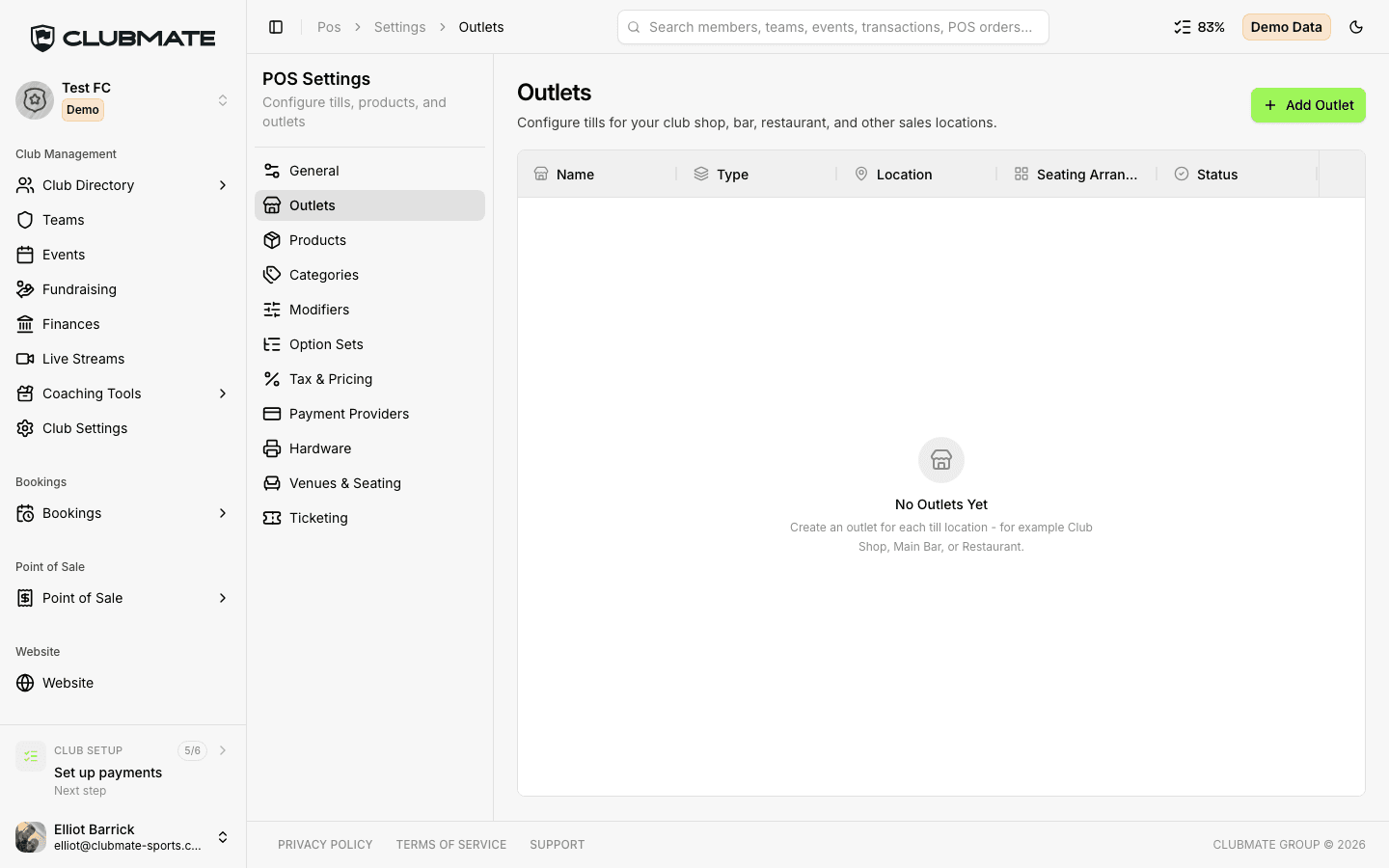 POS Outlets settings listing club sales locations