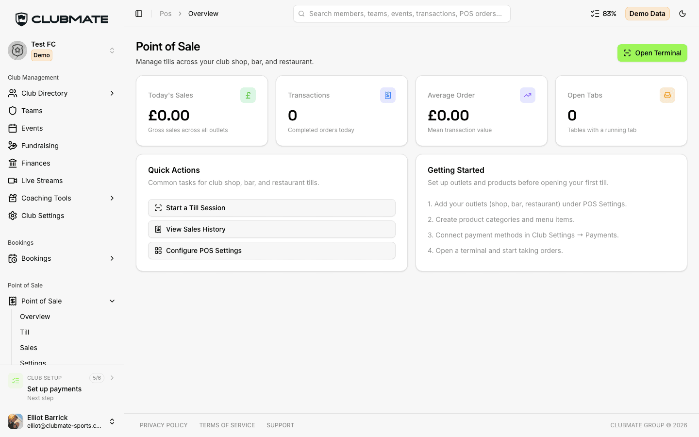 Clubmate Point of Sale overview with links to Till, Sales, and Settings