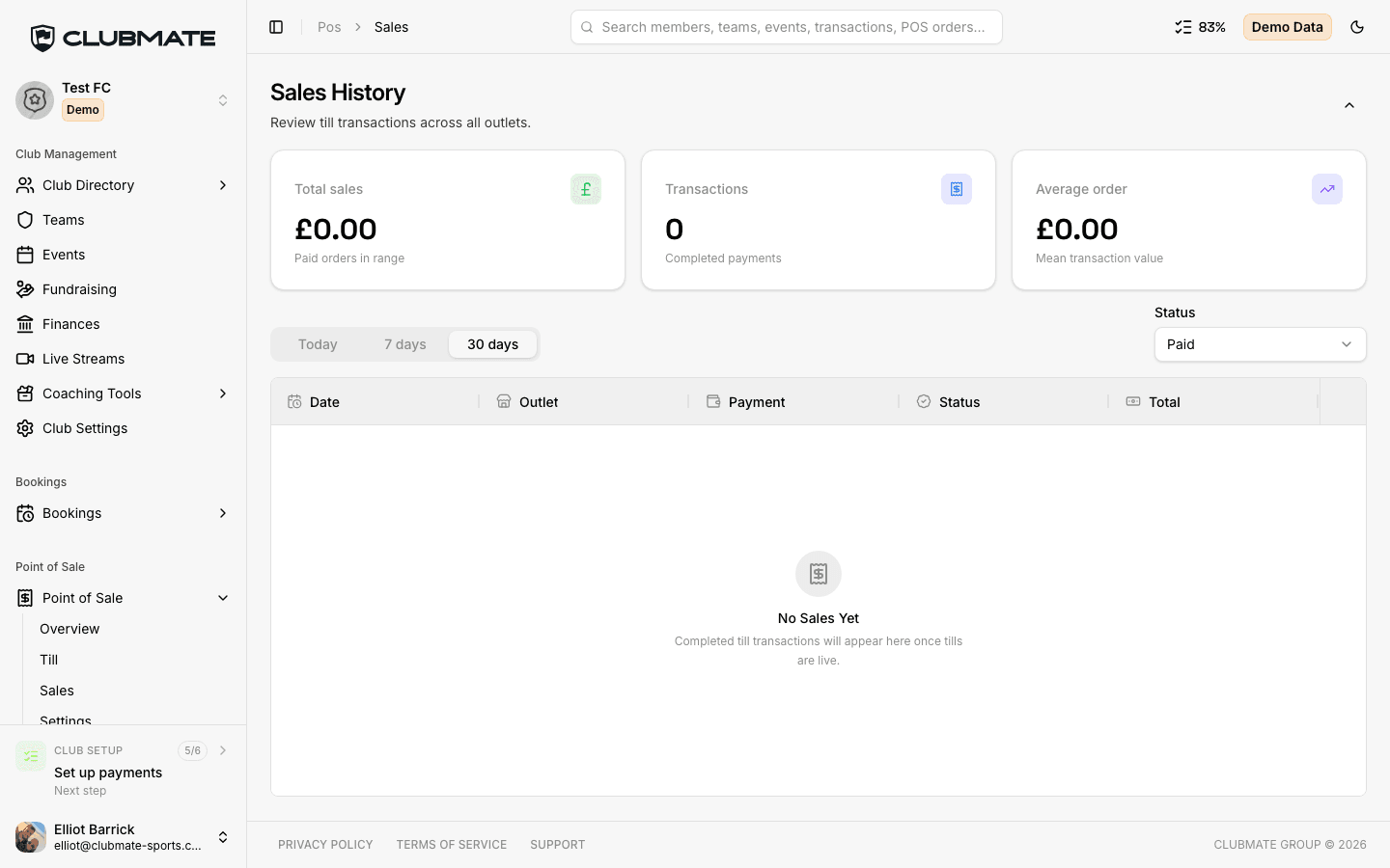 POS Sales screen with summary cards and order list