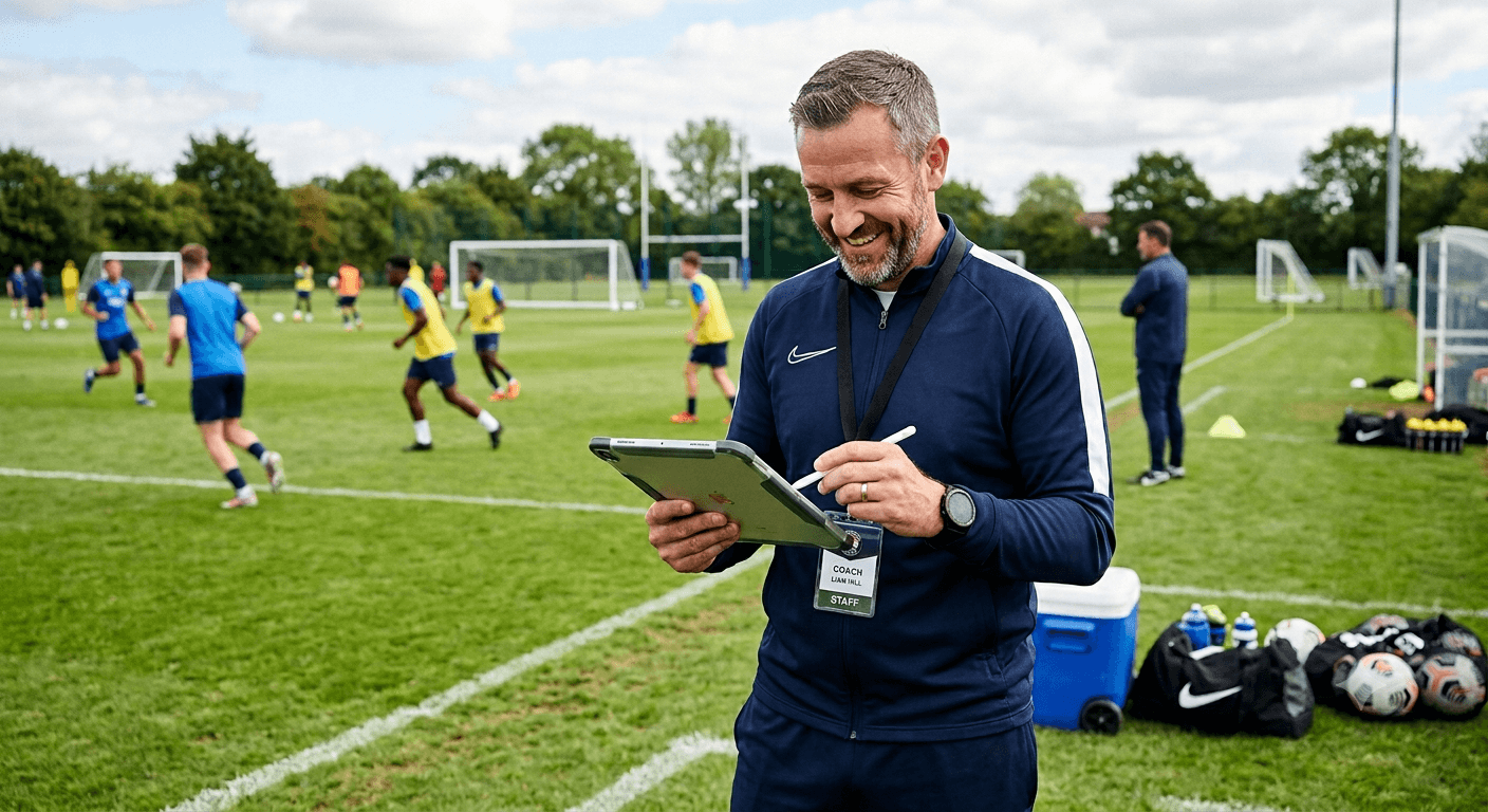 Coach reviewing club plans on a tablet at training
