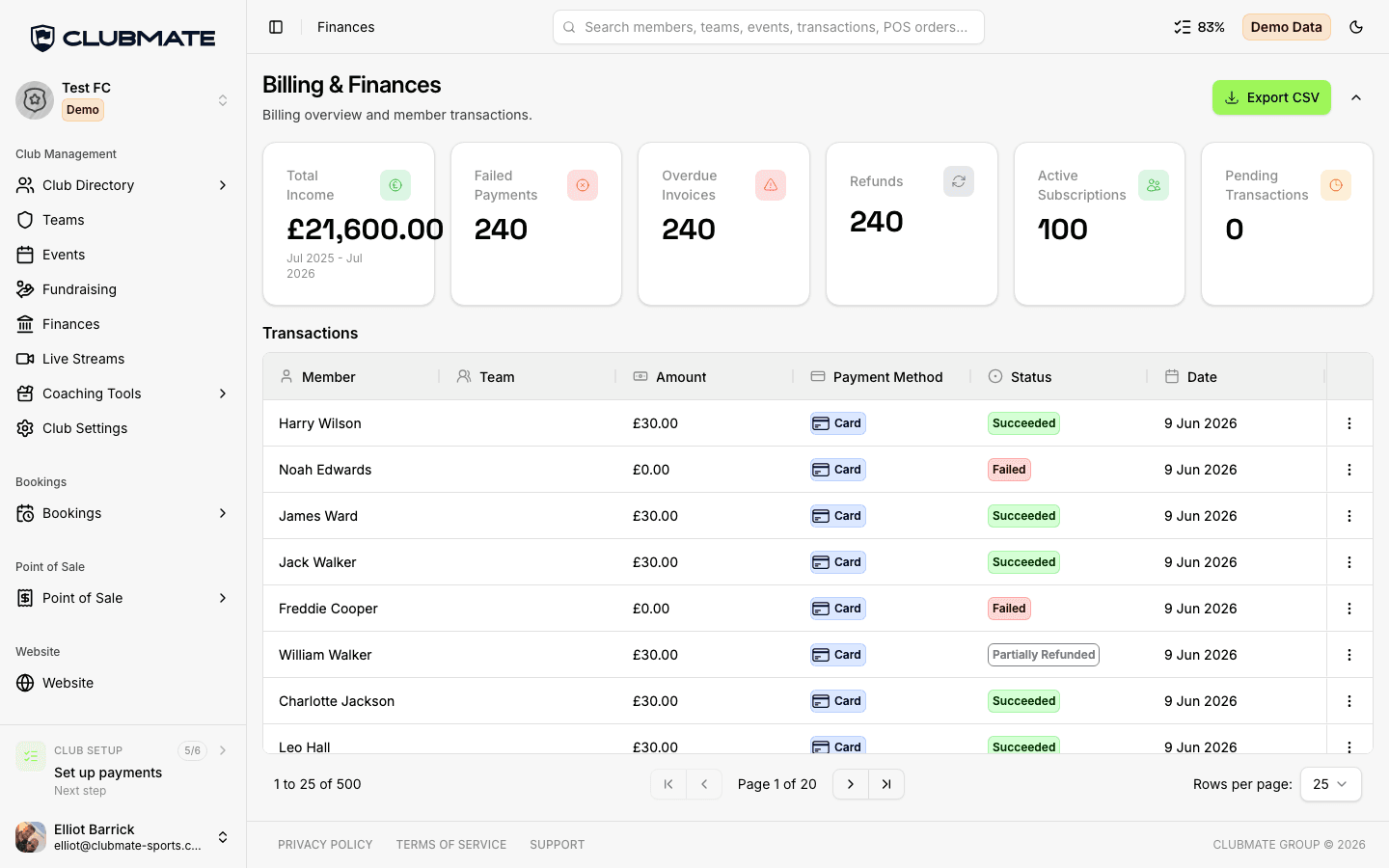 Clubmate Billing and Finances page with transaction summary and payment history